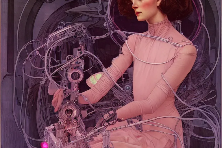 Image similar to symmetric, a dark woman android in a pastel pink dress, in a room full of neural networks and wires and computers, dark sci - fi, ai, 4 k realistic, artem demura. alphonse mucha