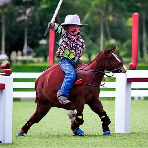 Prompt: screaming chucky doll playing polo on a horse