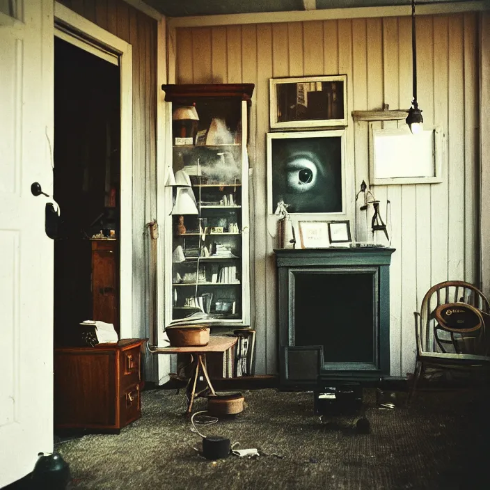 Image similar to kodak portra 4 0 0, wetplate, fisheye, award - winning portrait by britt marling, 1 9 2 0 s porch, ghost, picture frames, shining lamps, dust, smoke, 1 9 2 0 s furniture, wallpaper, carpet, books, muted colours, wood, fog,