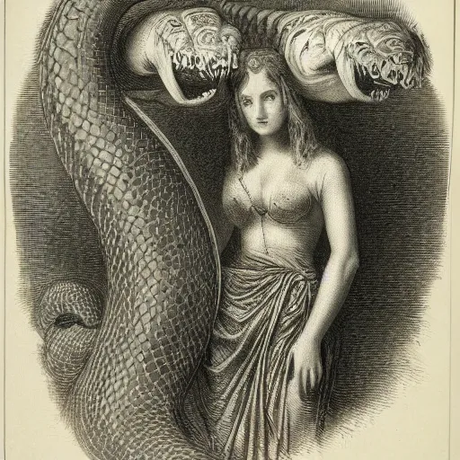 Prompt: young woman with multiple python heads, Engraving by Gustave Doré