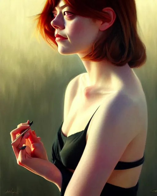 Image similar to an artistic pose, composition, emma stone, realistic shaded, fine details, realistic shaded lighting poster by ilya kuvshinov, magali villeneuve, artgerm, jeremy lipkin and michael garmash and rob rey