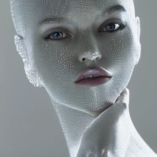 Prompt: a highly detailed ethereal full body digital image of a silver covered elegantly posed futuristic woman beautifully intertwined in realistic chromatic liquid like leaves, full body shot, by Andrew Chiampo, artstation, and Frederik Heyman, extremely detailed woman, stunning volumetric lighting, hyper realism, fantasy 4k