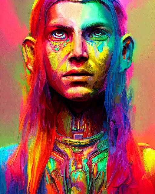 Prompt: colorful bust portrait of a hippie from the future, set in the future 2 1 5 0 | highly detailed face | very intricate | symmetrical | professional model | cinematic lighting | award - winning | painted by mandy jurgens | pan futurism, dystopian, bold colors, cyberpunk, groovy vibe, anime aesthestic | featured on artstation