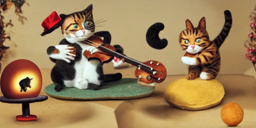 Image similar to a cat playing the fiddle and dancing on top of a round ball made of Swiss cheese, in the style of claymation