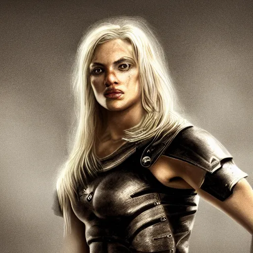 Image similar to legendary pretty blond female warrior, shallow depth of field, moody lighting, 8 k, concept art,