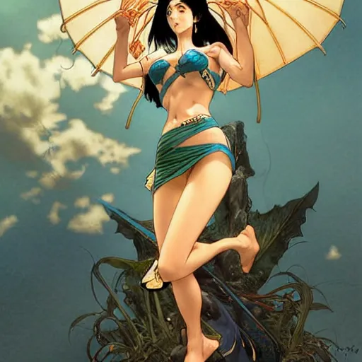 Image similar to highly detailed vfx portrait of nico robin by eiichiro oda!, tom bagsha, makoto shinkai, alphonse mucha, sharp focus, art by artgerm and greg rutkowski!, harsh overhead sunlight, blue eyes!!, large aquiline nose!!, stanley kybric, kaoru mori, intricately detailed, best of behance,