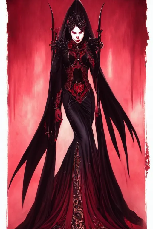 Prompt: Beautiful vampire female princess, black and red silk clothing, black demonic eyes, Full body shot, D&D, fantasy, intricate, elegant, highly detailed, digital painting, artstation, concept art, matte, sharp focus, illustration, hearthstone, art by Artgerm and Greg Rutkowski and Alphonse Mucha