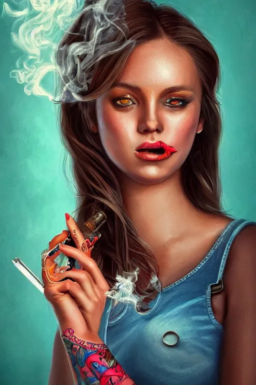 Image similar to full body painting of a girl smoking a cigarette and holding a pistol, cute face, intricate, highly detailed, digital painting, official media, concept art, rich vivid colors, ambient lighting, sharp focus, illustration