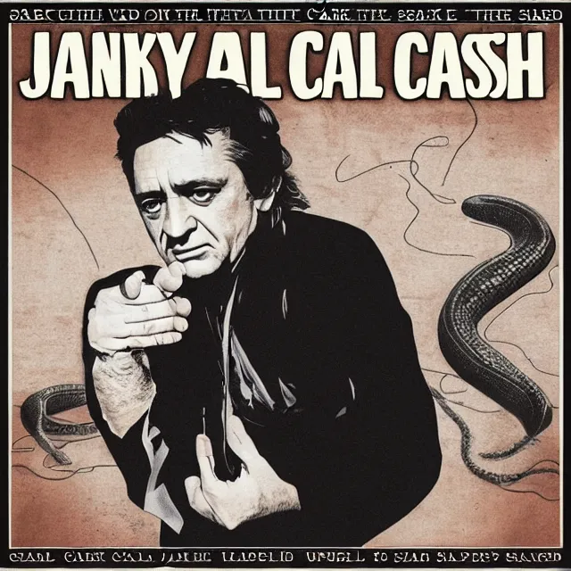 Image similar to album cover for Johnny Cash: The Snake Oil Tapes, album art by Snake Oil Sam, snake 'er up