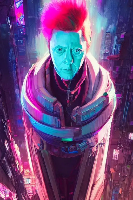 Image similar to a cyberpunk christopher walken with blue and pink hair, neon colors, hyper detailed, digital art, cinematic lighting, concept art by artgerm and greg rutkowski and moebius and jakub rebelka