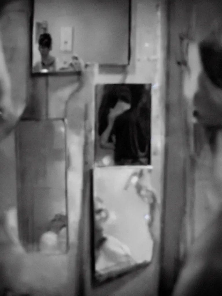 Image similar to androgynous male, staring into infinite mirror, photographic noir, wide lens