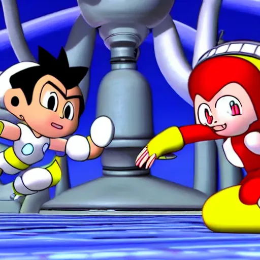 Image similar to astro boy vs. mega man, the video game, 2 0 0 2, 3 d cgi action adventure game, nintendo gamecube screenshot