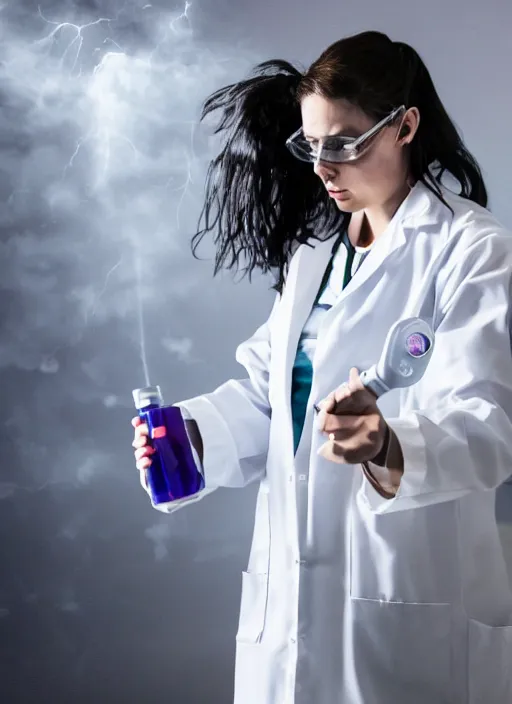 Image similar to a stock photo of a halloween female scientist open lab coat running from a monster in a lab, wide shot, 2 4 mm lens, cinematic lighting, volumetric fog, iso 8 0 0, shallow depth of field, horror movie, award winning