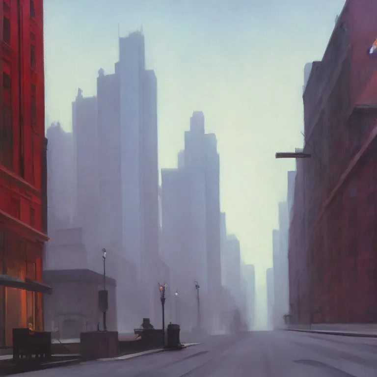 Image similar to city fog, early morning, streets with trash, painted by Edward Hopper, painted by Wayne Barlow, airbrush