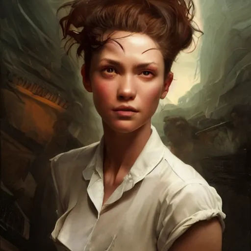 Image similar to epic portrait an beautiful waitress with short sleeved uniform, muscular, sweaty skin, hyperrealistic, expressive, emotional, moody, contre jour, octane render, cinematic, beautiful face and flawless skin, perfect hands, 5 fingers, by Edgar Maxence and Ross Tran and Michael Whelan, Legends of Runeterra