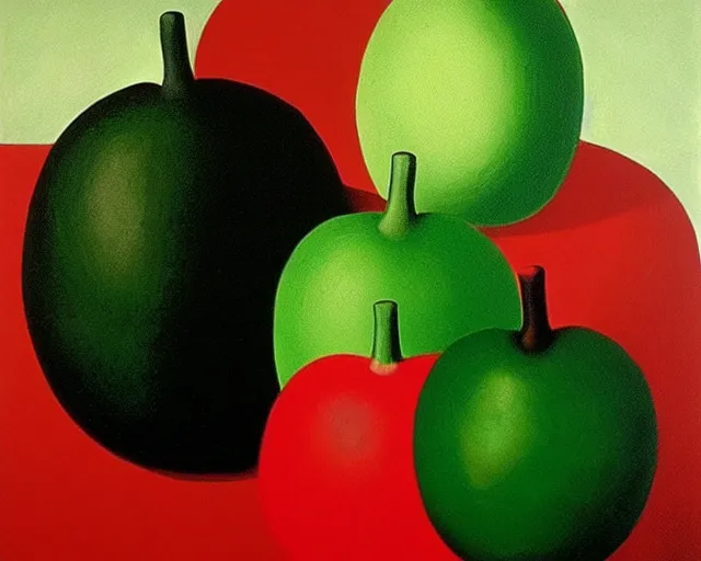 Image similar to a green, red, and black painting by Magritte