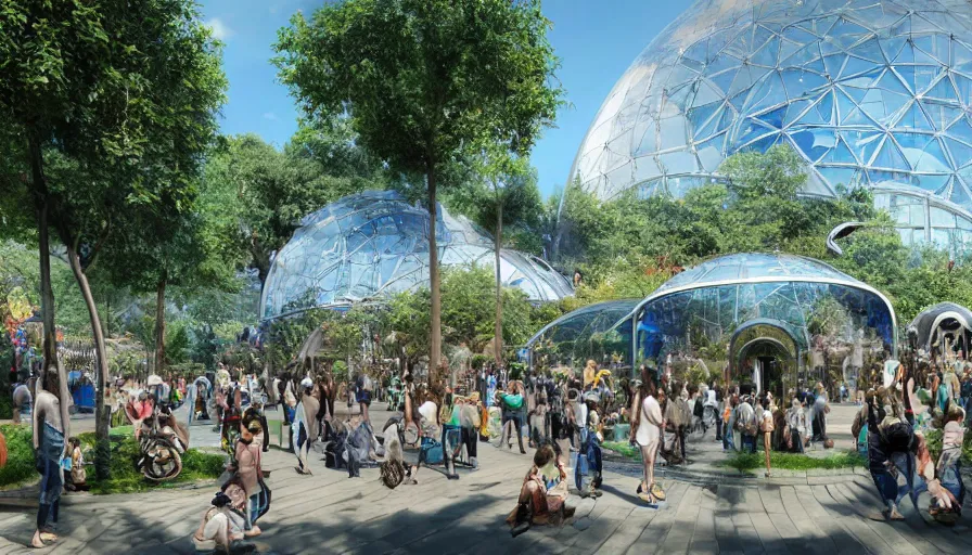 Prompt: futuristic zoo in london with animal enclosures, giant crowded place with shops, blue glass dome, sunny day, park, trees, water, hyperdetailed, artstation, cgsociety, 8 k