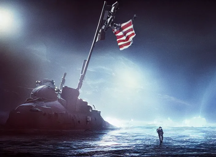 Image similar to astronaut holding a flag in an underwater desert. a submarine is visible in the distance. dark, concept art, cinematic, dramatic, atmospheric, 8 k, trending on artstation, blue, fish, low visibility, fog, ocean floor, christopher nolan, interstellar