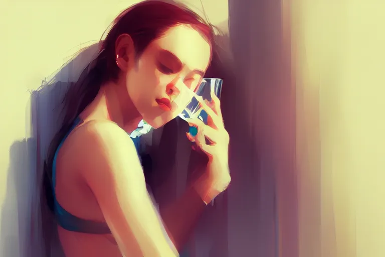 Prompt: a girl drinking water, digital art by wlop, greg ruthowski, ross tran, trending on artstation and deviantart, extremely high quality, amazing lighting