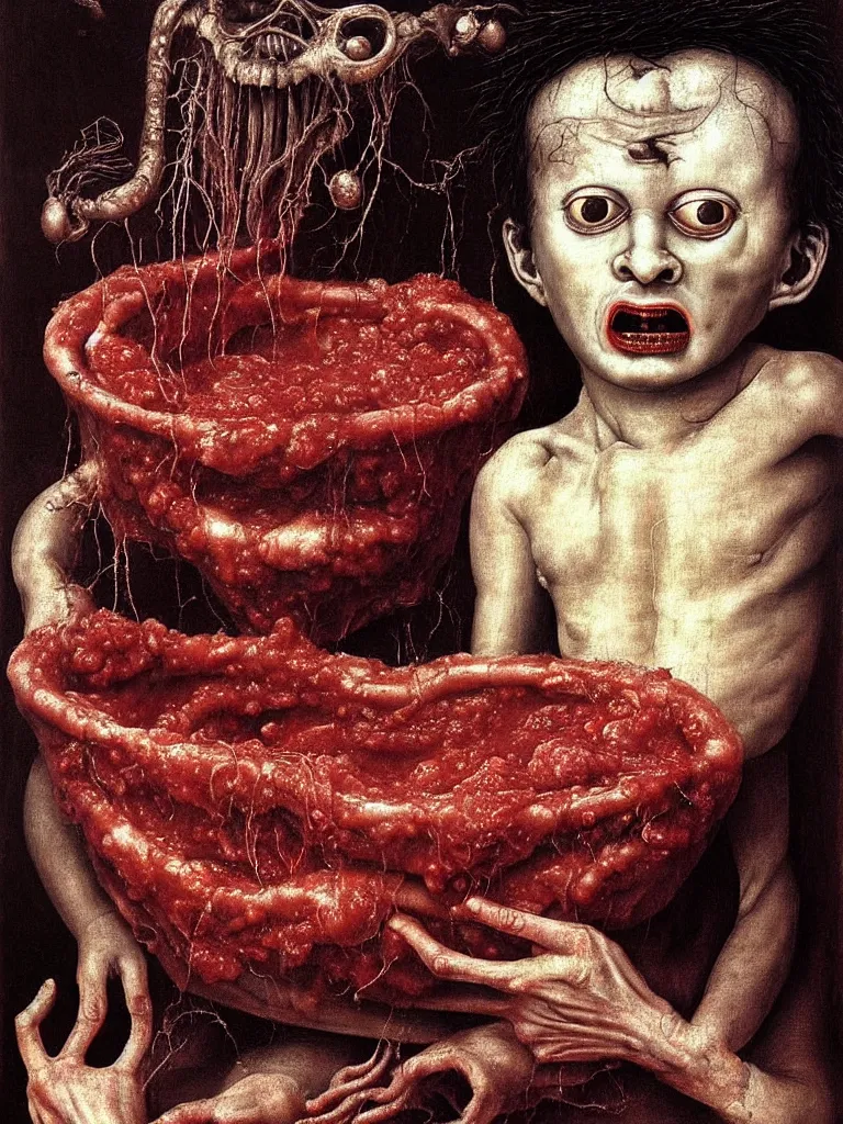 Image similar to a boy like eraserhead sitting in a tub full of tomato sauce, looking straight into camera, screaming in desperation, by giuseppe arcimboldo and ambrosius benson, renaissance, fruit, intricate and intense oil paint, a touch of joseph cornell, beksinski and hr giger and edward munch, realistic