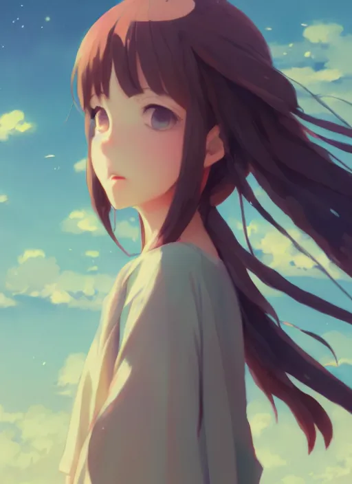 Image similar to portrait of cute girl, cloudy sky background lush landscape illustration concept art anime key visual trending pixiv fanbox by wlop and greg rutkowski and makoto shinkai and studio ghibli