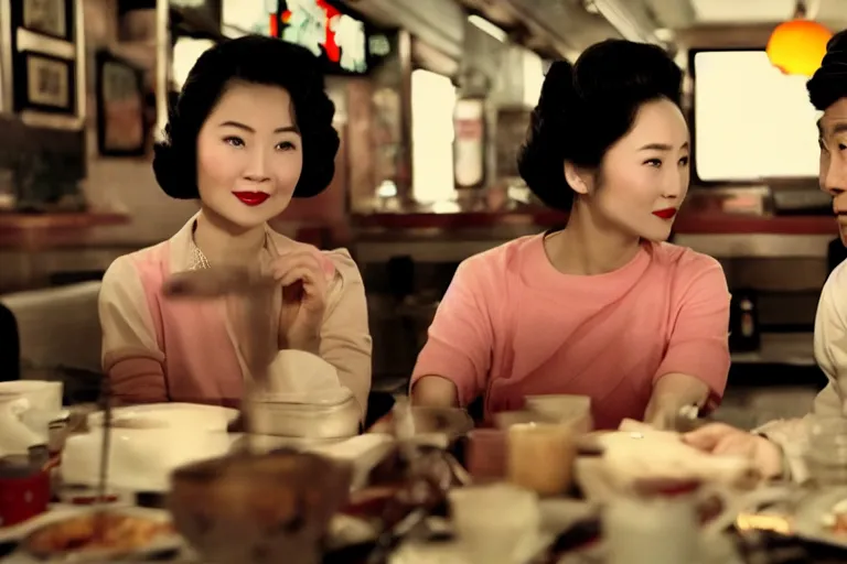 Image similar to movie interior closeup beautiful Asian couple closeup sitting and talking at 50s diner, night in the city, beautiful skin, by Emmanuel Lubezki