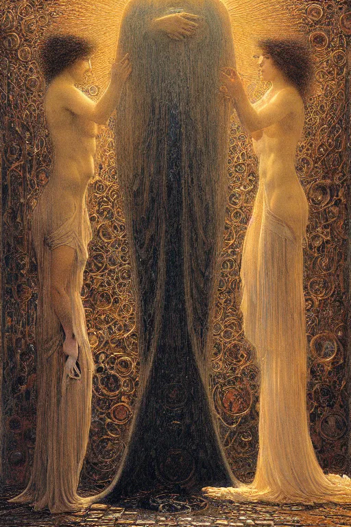 Prompt: a painting of gathering psycological complexes that hysterically encircle the realization of self inside an intrincate technological monolith by gustav moreau, jean delville and  Gaston Bussiere