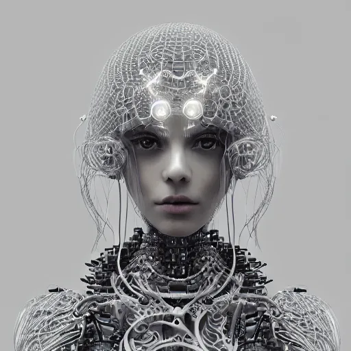 Prompt: closeup portrait of an absurdly beautiful, graceful, sophisticated, fashionable cyberpunk mechanoid gravure idol, an ultrafine hyperdetailed illustration by irakli nadar, matt wisniewski style, fashion photography, intricate linework, porcelain skin, jellyfish headdress, fractal ivory carved necklace, unreal engine 5 highly rendered, global illumination, radiant light, detailed and intricate environment