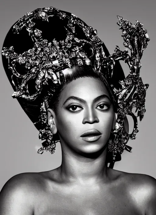 Image similar to photo of beyonce styled by nick knight posing, intricate headpiece, showstudio, face close up, vogue magazine, 2 0 2 0, canon, highly realistic. high resolution. highly detailed. dramatic. 8 k. 4 k. zeiss lens, canon eos, cinematic lighting, photography, film still