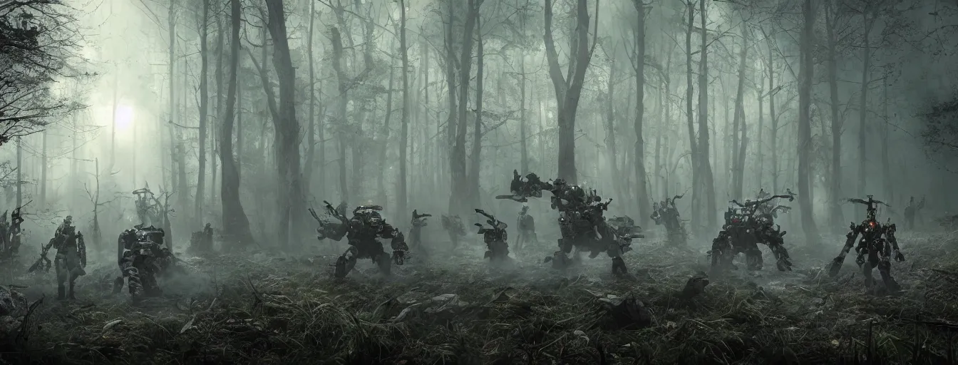 Image similar to image of deep forest with terrific and creepy mechwarriors with volumetric lights, running and hunting people, post - apocalyptic style, high detail, dramatic moment, motion blur, ground fog, dark atmosphere, saturated colors, by james paick, render unreal engine - h 7 0 4