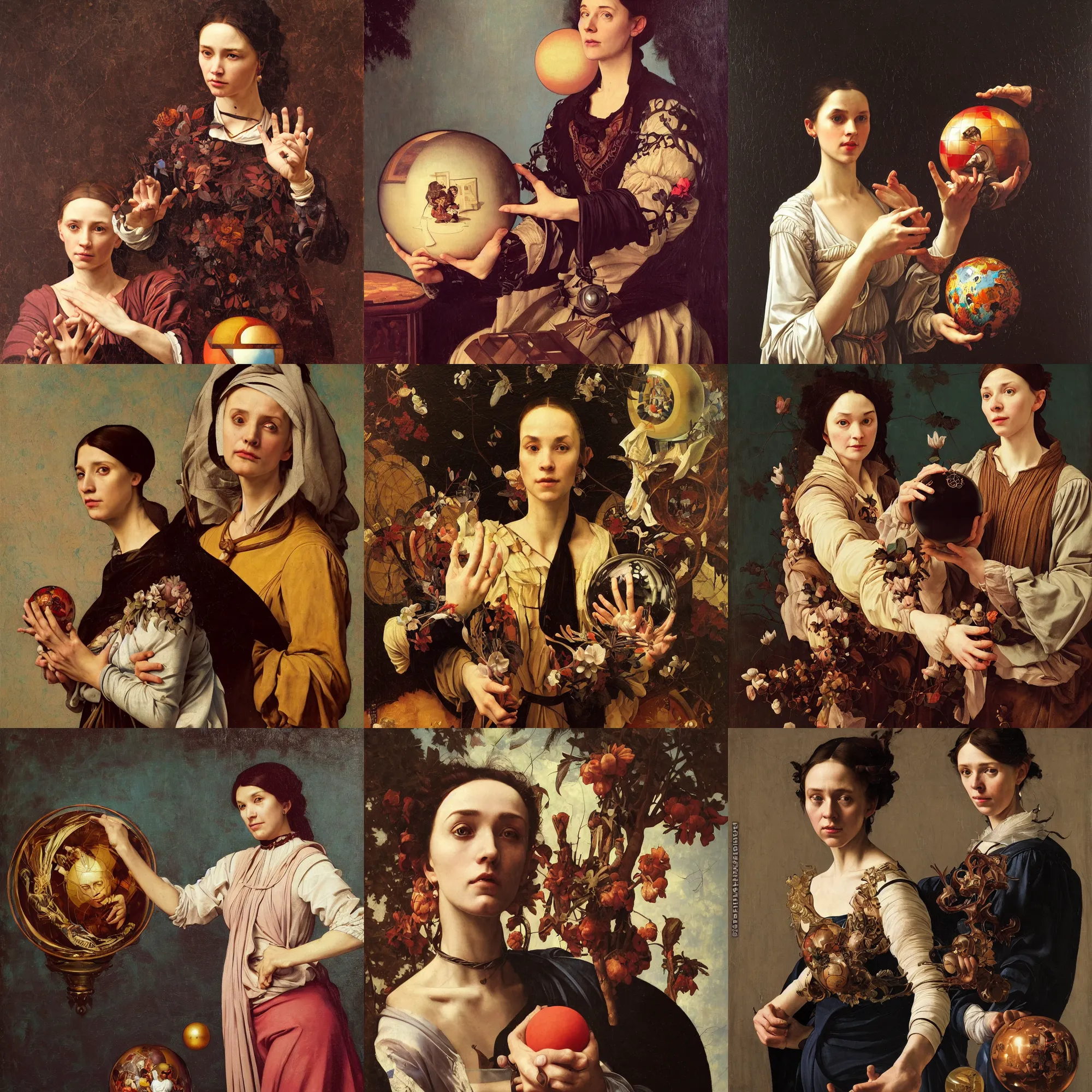 Prompt: portrait of a person, with a strange sphere in her hands, full-length, oil painting in a renaissance style , very detailed, out of focus background, painted by Caravaggio, Greg rutkowski, Sachin Teng, Thomas Kindkade, Alphonse Mucha, Norman Rockwell, Tom Bagshaw.