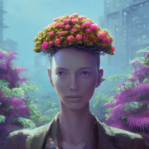 Image similar to highly detailed surreal vfx portrait of a robot with flowers growing out of its head, stephen bliss, unreal engine, greg rutkowski, loish, rhads, beeple, makoto shinkai and lois van baarle, ilya kuvshinov, rossdraws, tom bagshaw, global illumination, detailed and intricate environment