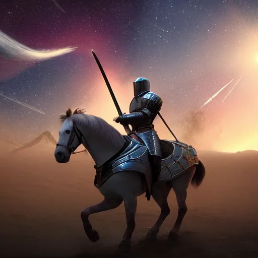 Image similar to A knight holding a sword while riding in a horse through the galaxy, hyperrealistic, 8K, octane render, highly detailed, volumetric lighting