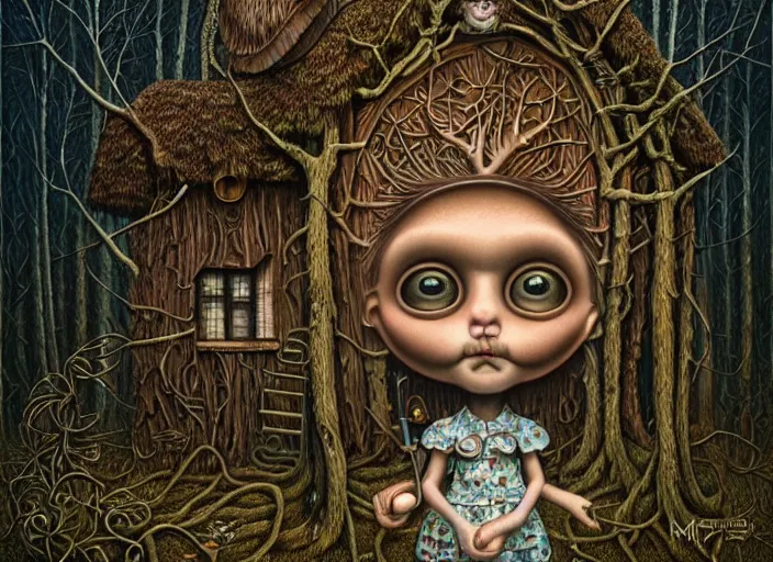 Image similar to intricate detailed portrait of a character in front of a cabin in a dark mysterious forest by mark ryden, naoto hattori, giger