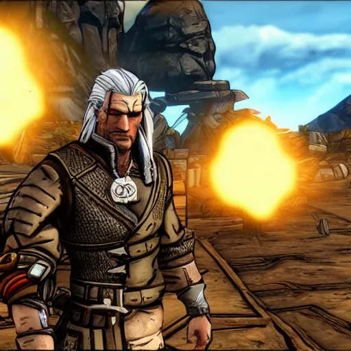 Image similar to Geralt of Rivia in Borderlands 2, screenshot, pc game