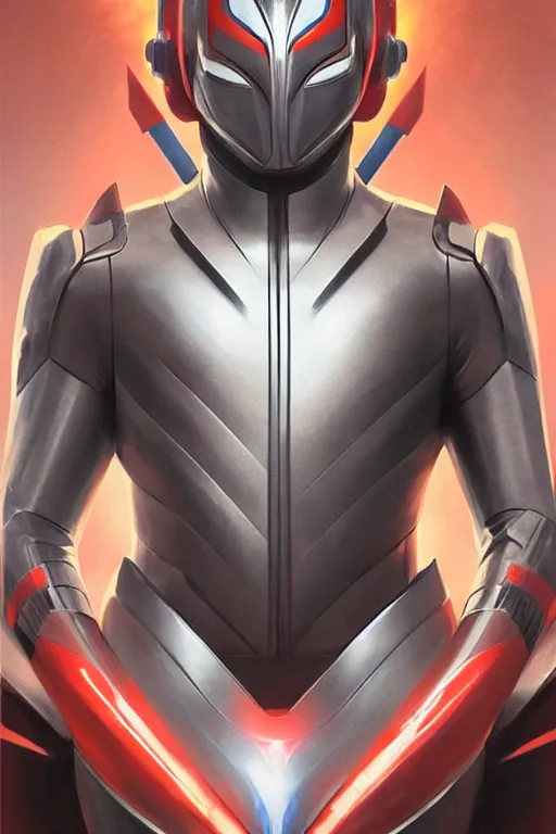 Image similar to poster of a ultraman with japanese armor and helmet, symmetrical, art by greg rutkowski, matte painting, trending on artstation