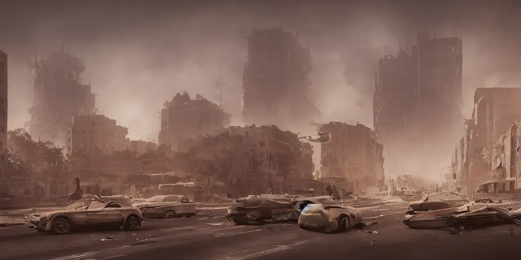 Prompt: a photo of a city after a apocalyptic war, fire from some windows, ethereal light, 15mm lens, peolple run on the street, cars crashed, tanks crashed, a spherical spaceship in the sky, traffic light on, dust storm, train station explosion, futuristic cathedral in the center of the road, photorealistic, octane render, 4k, specular light, shallow depth of field, concept art, artstation, highly detailed, art by john salminen, ivan shishkin, kim keever, pierre pellegrini, sorayama, ash thorp