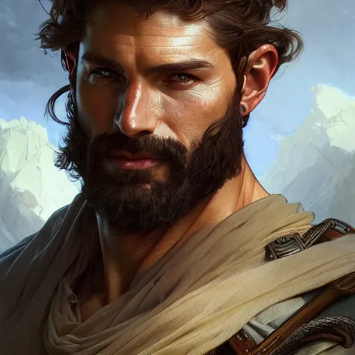 Image similar to Portrait of rugged male ranger, D&D, muscular, fantasy, intricate, elegant, highly detailed, digital painting, artstation, concept art, smooth, sharp focus, illustration, art by artgerm and greg rutkowski and alphonse mucha