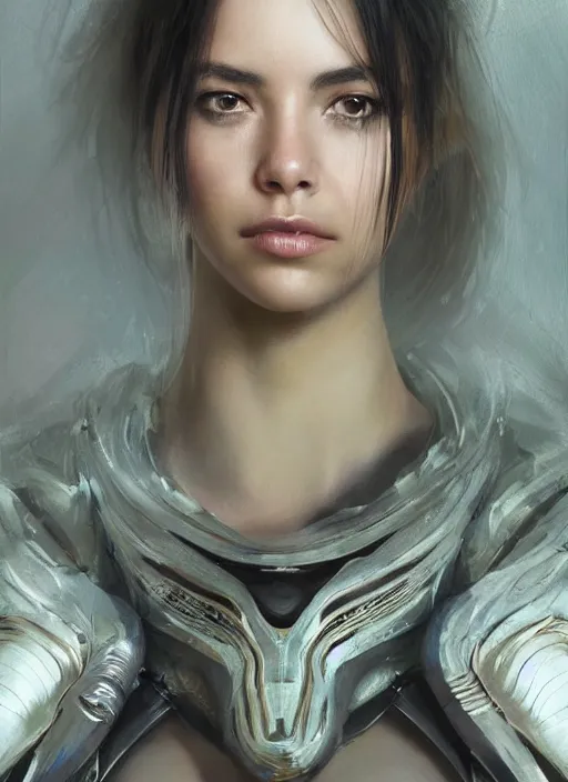 Prompt: a professional portrait of a beautiful young female, clothed in electroluminescent armor, olive skin, long dark hair, beautiful bone structure, symmetrical facial features, intricate, elegant, digital painting, concept art, smooth, sharp focus, finely detailed, illustration, from Valerian and the City of a Thousand Planets, by Ruan Jia and Mandy Jurgens and Artgerm and William-Adolphe Bouguerea