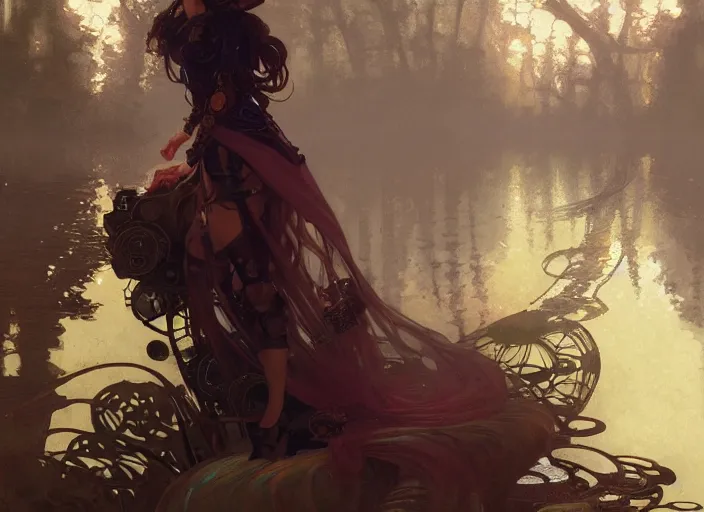 Image similar to woman model, steampunk!!! and modern, rgb, lake with trees, backlit, elegant, highly detailed, digital painting, artstation, concept art, smooth, sharp focus, illustration, art by krenz cushart and artem demura and alphonse mucha