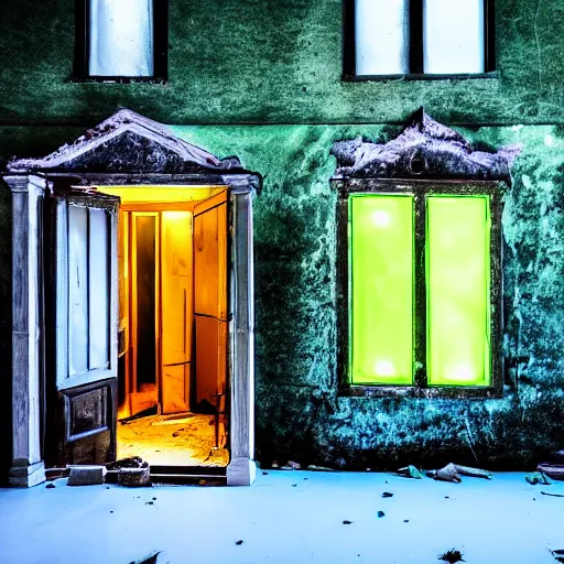 Prompt: abandoned house with green light emitting from the windows and doors, it is night time, dark