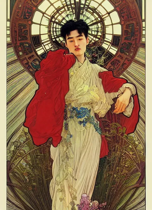 Prompt: cai xukun by james jean, manuel sanjulian, alphonse mucha