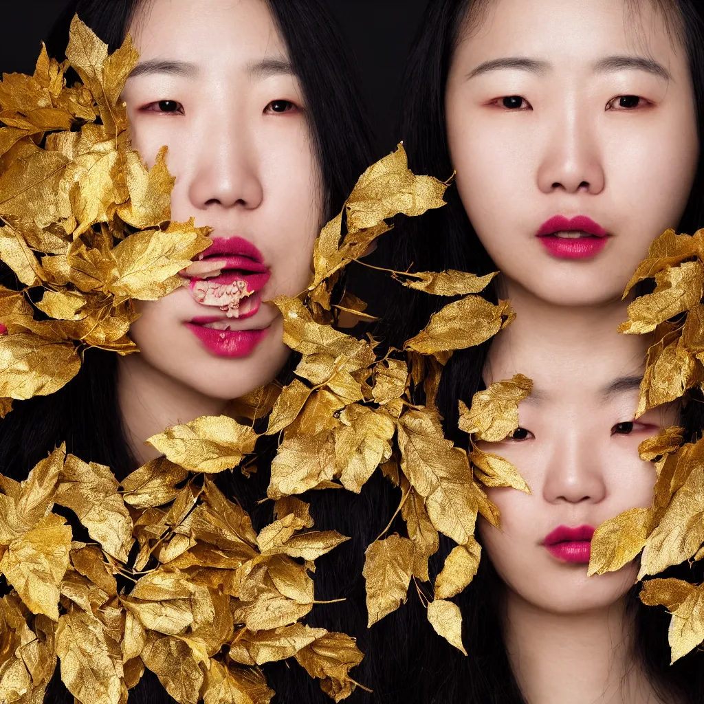 Image similar to close up portrait of a one korean woman, gold leaves, violet silk threads, venetian masks, mouth gags, fashion magazine, portrait photography, annie leibovitz, david lazar, 1 0 5 mm, in autumn, 8 k hd, detailed