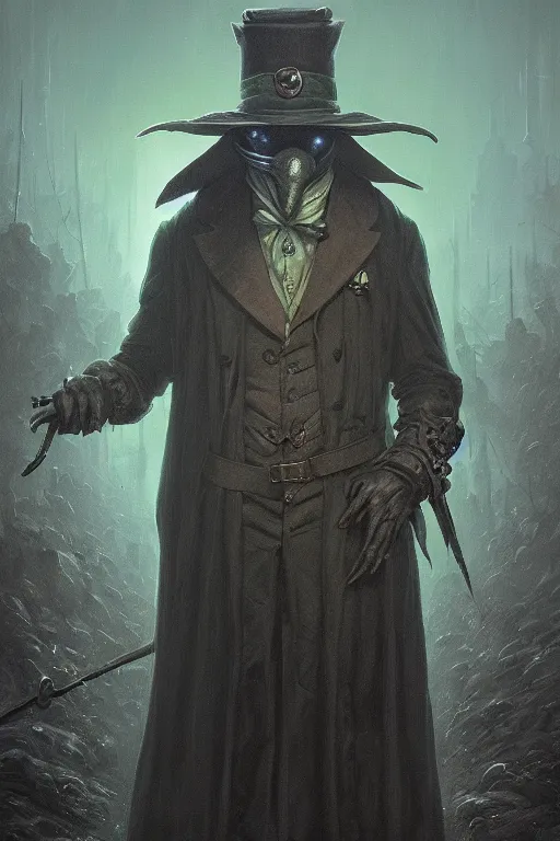 Prompt: A fancy portrait of a green plague doctor by Greg Rutkowski, Dan Mumford, Christophe Vacher, Sung Choi, Bloodborne, 8k photorealistic, volumetric lighting, HD, high details, dramatic, dark atmosphere, trending on artstation