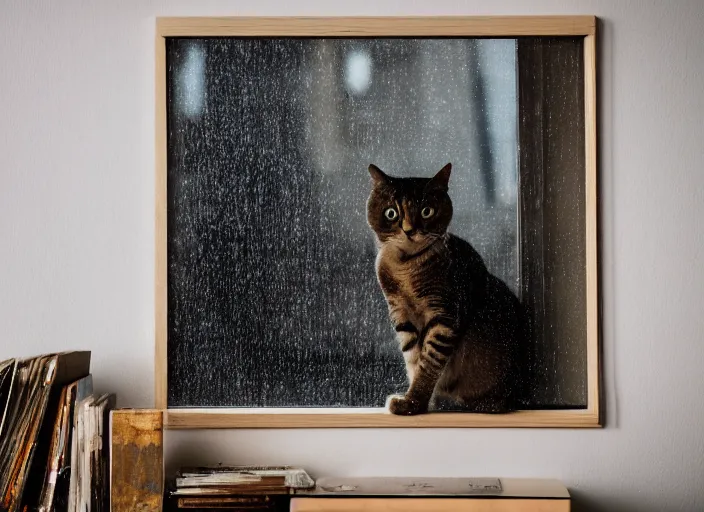 Image similar to photography of a Cat . watching outside the window while it rains. on a bed. in a room full of vinyls and posters, photorealistic, raining award winning photo, 100mm, sharp, high res