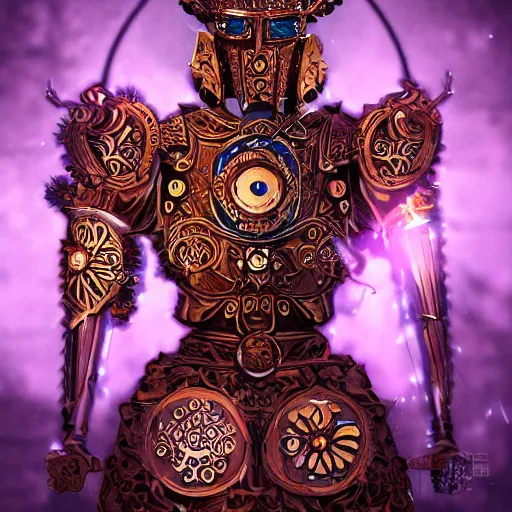 Prompt: a clockwork knoght wearing ornate wooden armor covered in flowers, brilliant colors, cinematic lighting