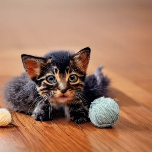 Image similar to small tortoiseshell colored kitten playing with a ball of yarn, sun rays, hardwood floor