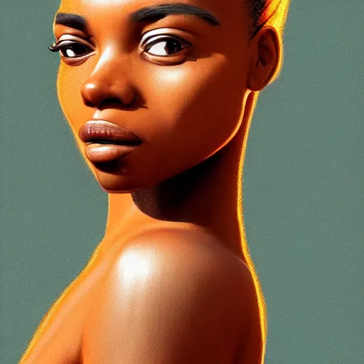Prompt: very beautiful African girl with freckles, elegant look, tired eyes, artstation