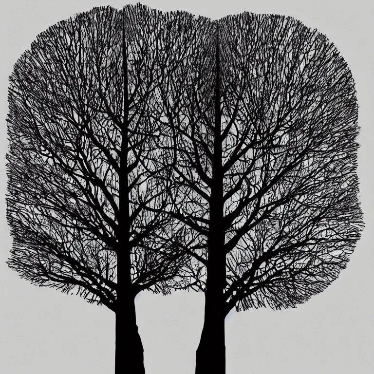 Prompt: a black and white photo of a tree, an album cover by storm thorgerson, featured on behance, generative art, cyanotype, woodcut, prerendered graphics