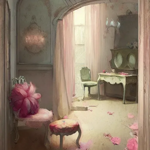 Prompt: beautiful digital matte painting of a whimsical botanical shabby chic dressing room by greg rutkowski and edward hopper, artstation, behance hd - h 7 6 8